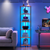 HONGOUZWL front view of corner shelf showing LED glow and rustic brown finish
