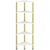 HOOBRO front view showing five-tier white and gold corner bookshelf adds stylish storage