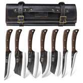 HOSHANHO front view of full knife set in roll bag showing organized storage and portability
