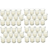 Hosley clear glass votive pack front showing 48 candles and neat presentation