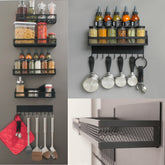 Houseify front view showing four black magnetic spice racks and 10-hook bar keeping spices organized