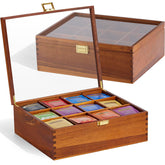 HouseJoy front view showing 12-compartment organizer and natural acacia wood finish, organized display benefit