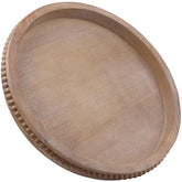 Hrastany round tray front view showcasing rustic brown finish and stable base