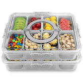 HRXFOZ front view of grey tray showing compartments and clear lid, for organized serving