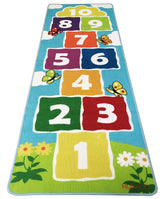 HUAHOO hopscotch rug front view showing colorful numbered squares and benefit of playful learning