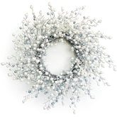 Huashen wreath front view showing pearl white and silver berries and elegant entryway charm