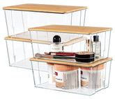 Hudgan clear bins with bamboo lids front view showing neat organization benefit