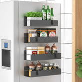 HuggieGems front view of four dark gray magnetic spice shelves showing sleek storage benefit