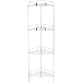 HuggieGems front view of white corner shower caddy showing tidy storage benefit