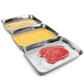 HULISEN front view of three breading pans showing full set and benefit of organized prep