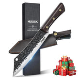 Huusk butcher knife front blade showing sharp edge and precise cut benefit