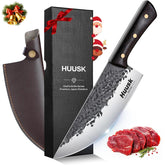 Huusk butcher knife front view showing blade and handle for precise meat cutting