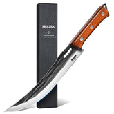 Huusk carving knife front view showing balanced profile and sharpness benefit