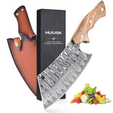 Huusk cleaver front view showing full blade and balanced profile for precise cuts