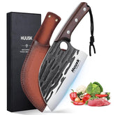 Huusk cleaver front view showing full blade and balanced profile for heavy chopping