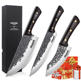 Huusk front packaging of butcher knife set showing complete trio and presentation benefit