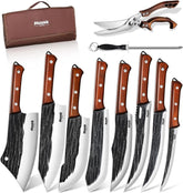 Huusk front packaging showing full 10-piece butcher knife set and bag, professional storage benefit