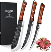 Huusk front packaging showing the three-knife set and gift-ready box benefit