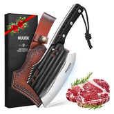 Huusk cleaver front view showing sheath and sturdy profile for secure transport