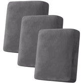 H.VERSAILTEX front view of three grey cushion covers showing neat fit and refreshed sofa