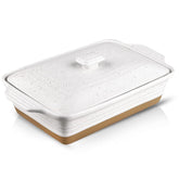 HVH ceramic casserole front view showing farmhouse shape and easy serving