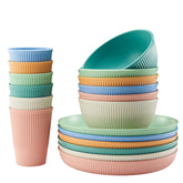 HXYPN front view of 18-piece set showing colorful plates bowls cups and packaging benefit durability