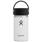 Hydro Flask 12 oz front view in white showing compact insulated bottle, ideal for portability