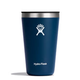 Hydro Flask 16 oz tumbler front view showing indigo finish and durable design, convenient for everyday use