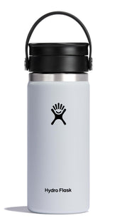 Hydro Flask front view of 16 oz white bottle showing clean finish and brand, ideal for everyday carry