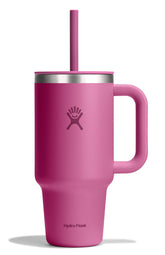 Hydro Flask front view showing Reef Pink finish and capacity, easy grab benefit
