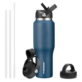 HYDROWION front view showing cobalt bottle and packaging, highlights portability