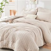 HYMOKEGE comforter front view showing neat beige finish and modern look