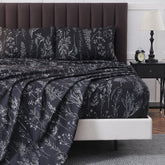 HYPREST front packaging of black floral sheet set shows design and contents, elevates room style