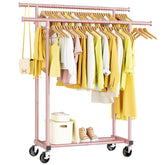 HYSEYY front view of pink garment rack showing dual rods and bottom shelf, optimizing storage