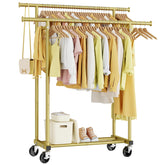 HYSEYY front view of gold double-rod rack showing organized clothing and space-saving benefit