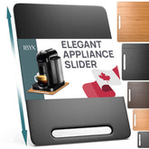 Ibyx front view of slider showing sleek bamboo top and black frame, adds organized countertop