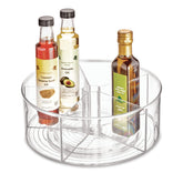 iDesign Linus clear lazy susan front view showing tidy bottles and jars for easy access