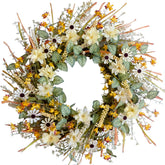 idyllic front door wreath hung on door showcasing inviting farmhouse curb appeal