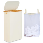 iEGrow slim laundry hamper front view showing narrow profile and beige fabric for space-saving storage