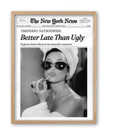 iHery front view of framed Audrey Hepburn print showing vintage design and elegance