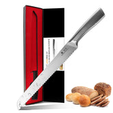 imarku bread knife front view showing full 10-inch blade and balance benefit