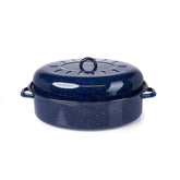 IMUSA front view of blue speckled oval roaster showing full capacity and style