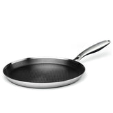 Innerwell 11 inch crepe pan front view showing flat base and raised edge for even batter
