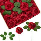 InnoGear front packaging view showing 100 dark red foam roses and included leaves for bulk projects