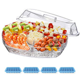 INNOVATIVE LIFE front view of clear 15-inch serving platter showing tiers and lids, elegant presentation