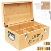 Intarsio bamboo seed box front view showing engraved design and organized storage benefit