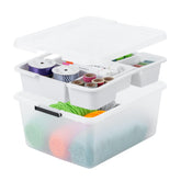 IRIS USA front view of clear organizer showing secure lid and compact shape for space saving