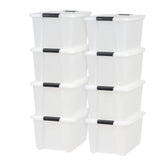 IRIS USA front view of 33 quart pearl bin pack showing clear/pearl finish and organized storage benefit