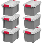 IRIS USA front view of six gray 5-gallon lockable totes showing durability and storage capacity