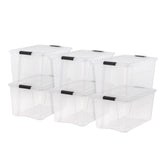 IRIS USA front view of clear 72 quart bin showing organized contents and quick identification